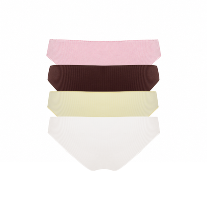 Flat view of seamless tanga set of 4 in pink, dark brown, pale yellow, white