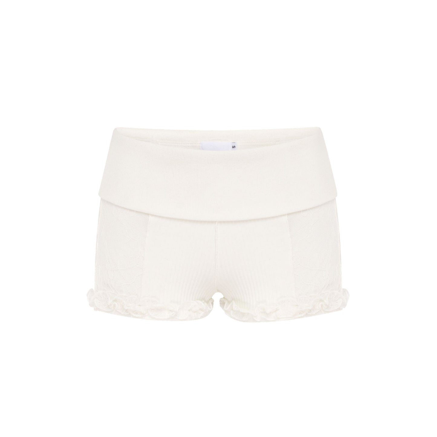 White lace shorts with wide waistband and scalloped hem