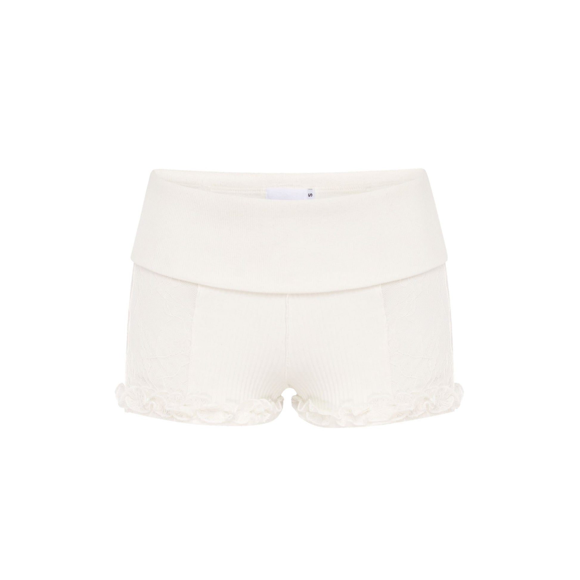 White lace shorts with wide waistband and scalloped hem