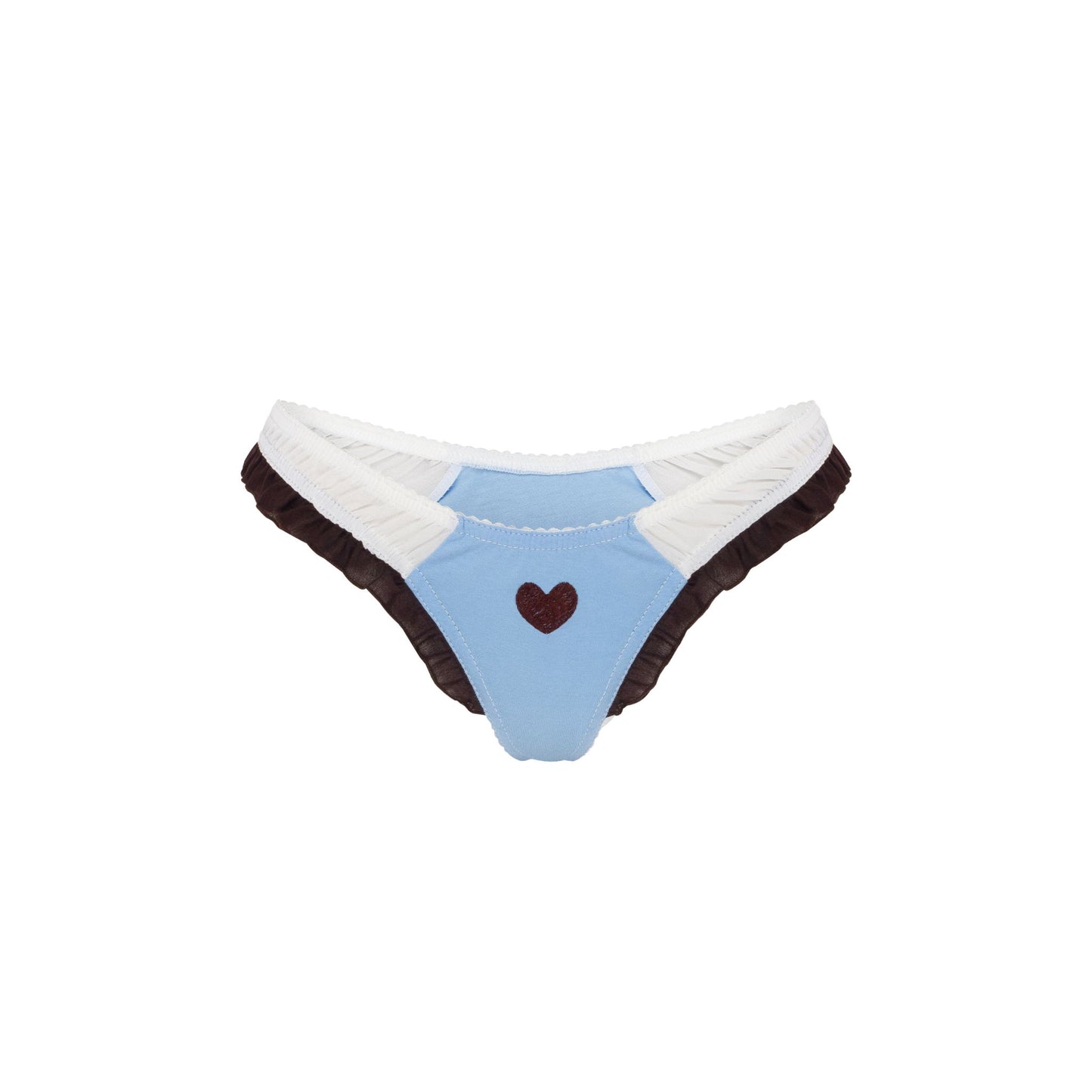 Light blue tanga with heart patch, dark ruffle edges, and white trim