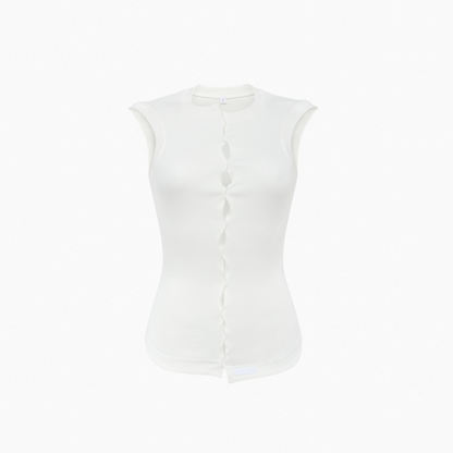 White draped sleeveless T-shirt with vertical cutout placket at center front