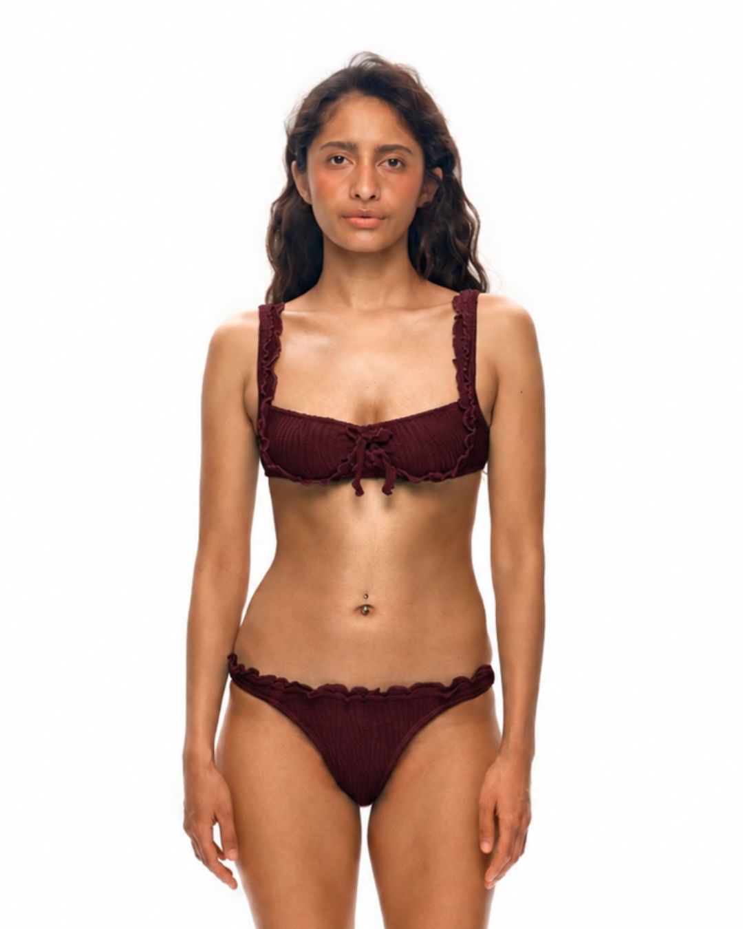 Ruffle bikini top with thin straps, dark brown, center tie.