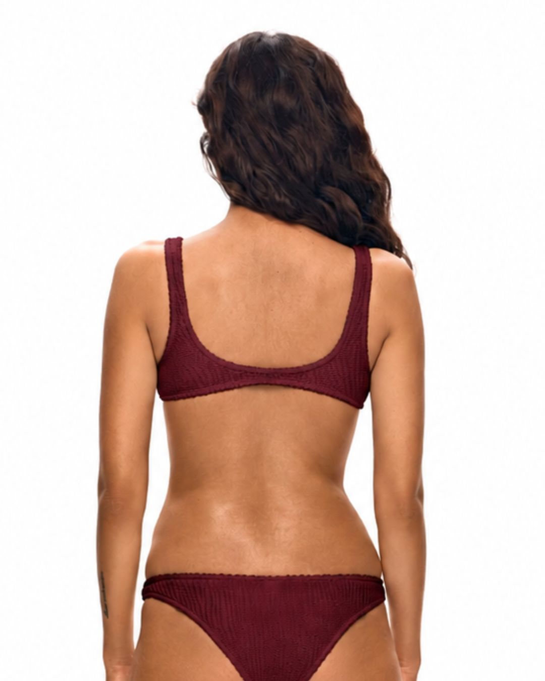 Ruffle bikini top back view with adjustable straps, dark brown.