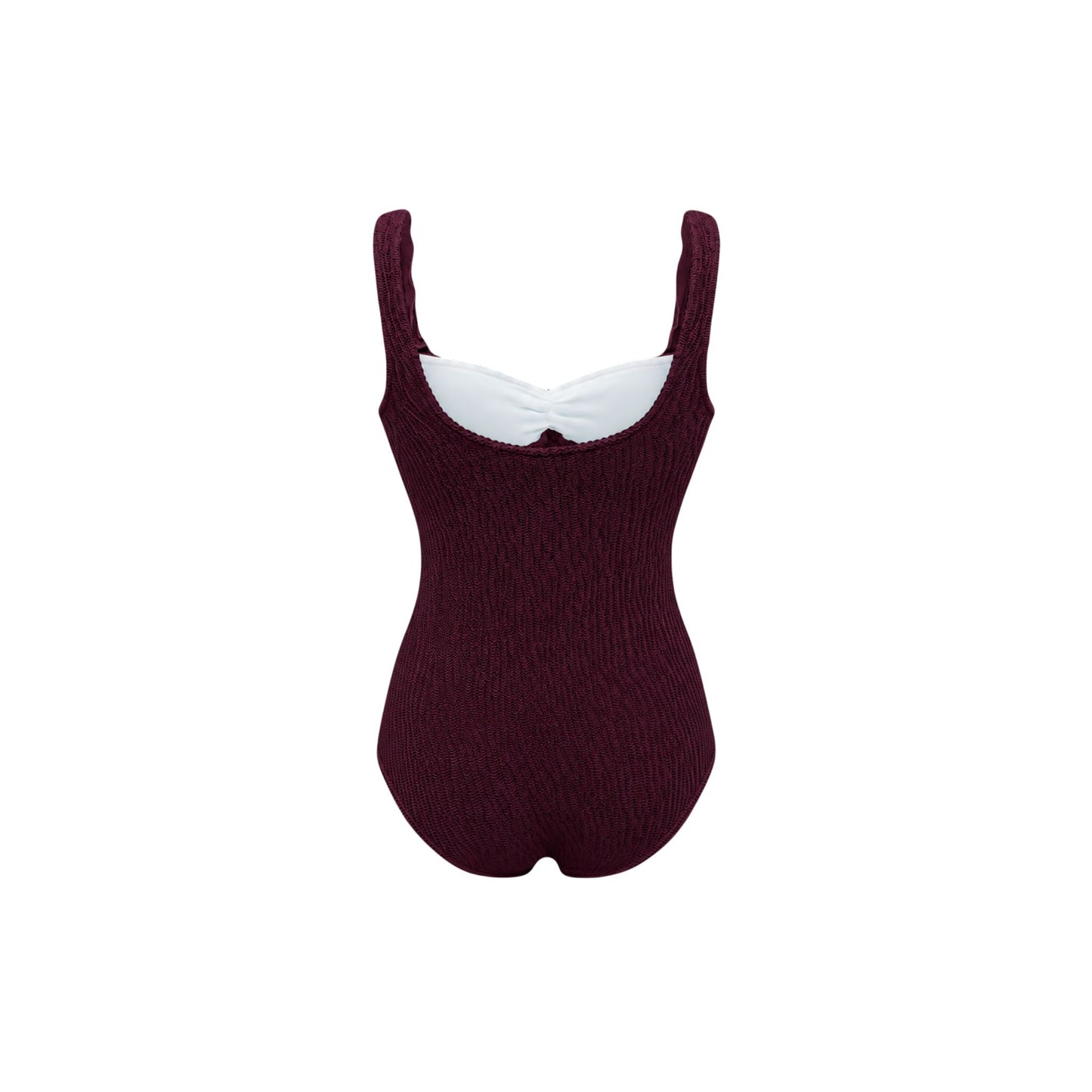 One-piece swimsuit, dark maroon textured knit, scoop neckline and high leg.