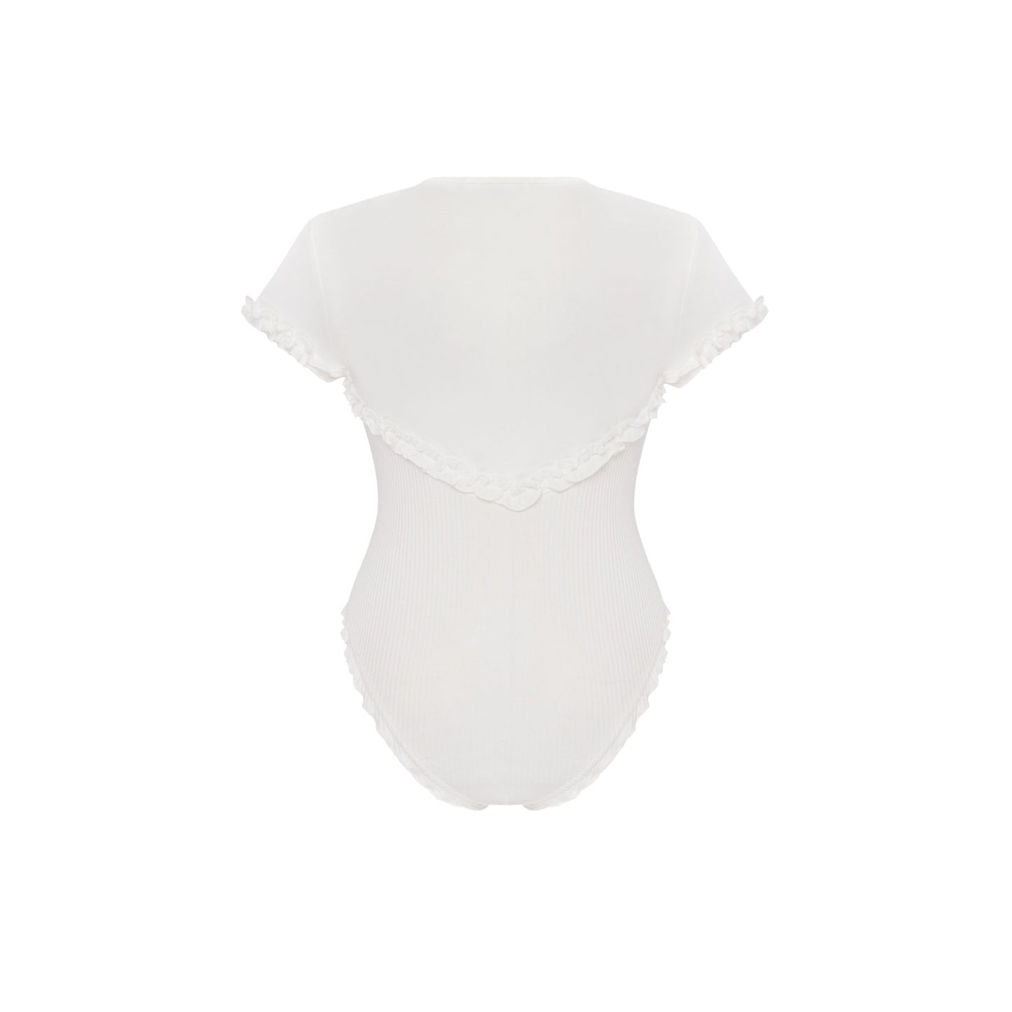 White ribbed bodysuit, back view with scalloped lace trim at neck and waist