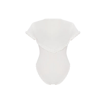 White ribbed bodysuit, back view with scalloped lace trim at neck and waist