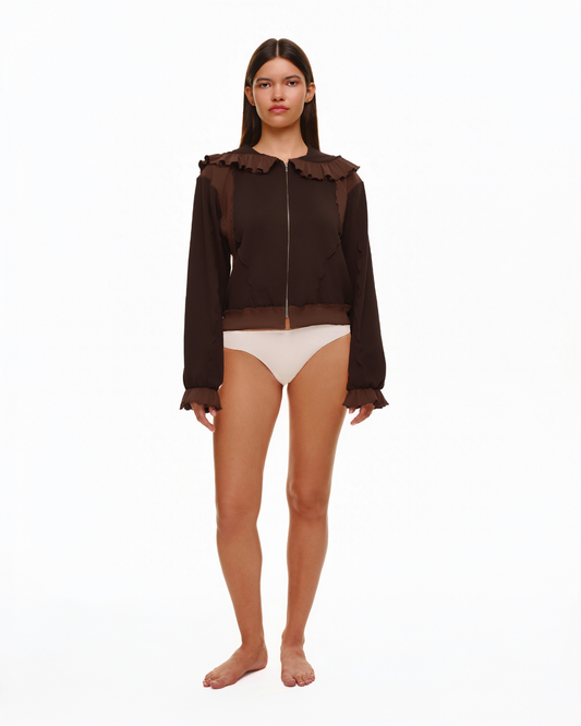 Brown zip-up hoodie with ruffled hood, front zipper, and ruffled cuffs