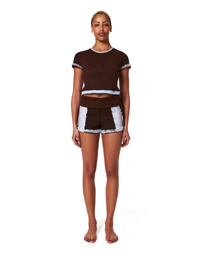 Shorts with Waistband in Brown with Blue Lace