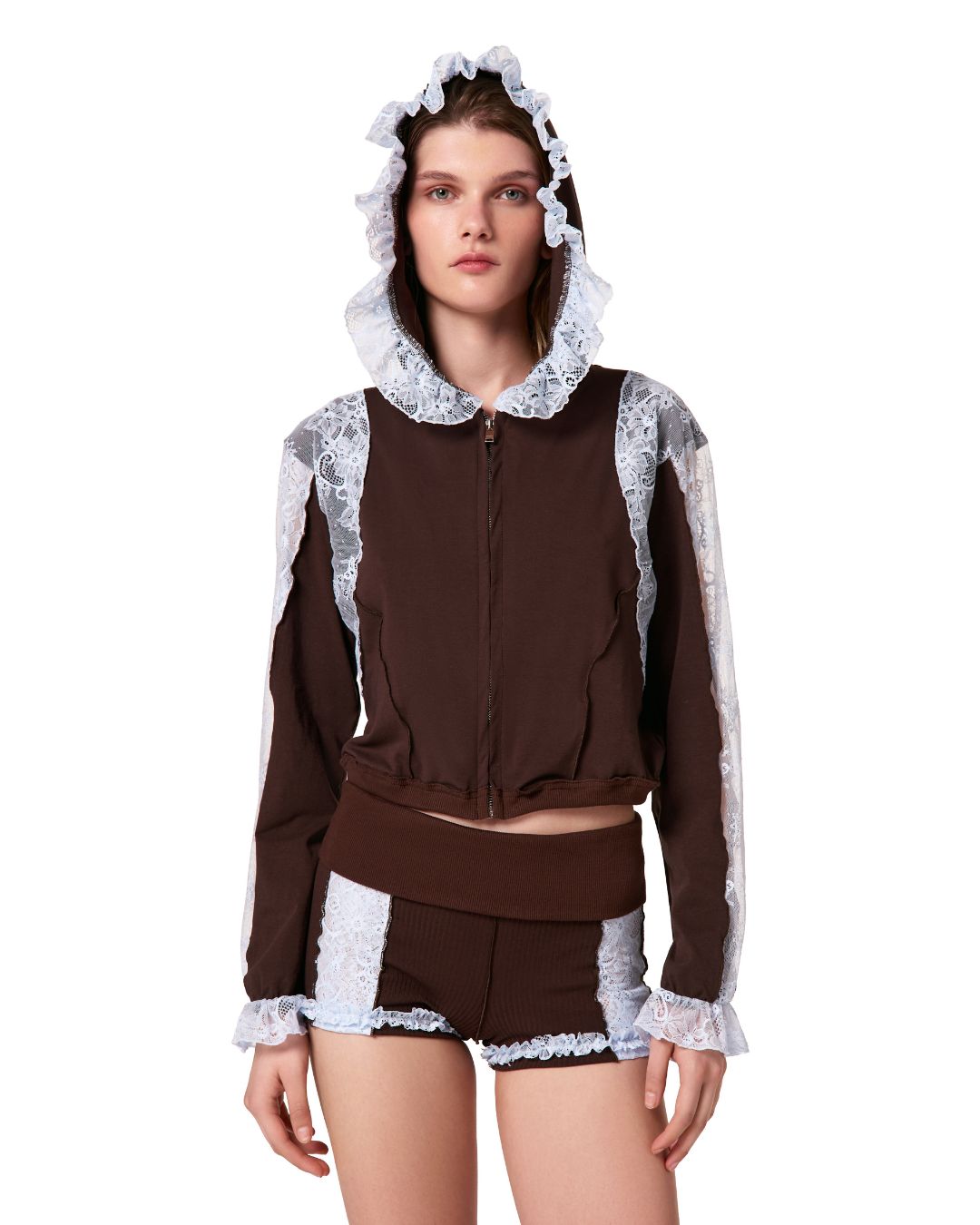 Hoodie in Brown with Blue Lace