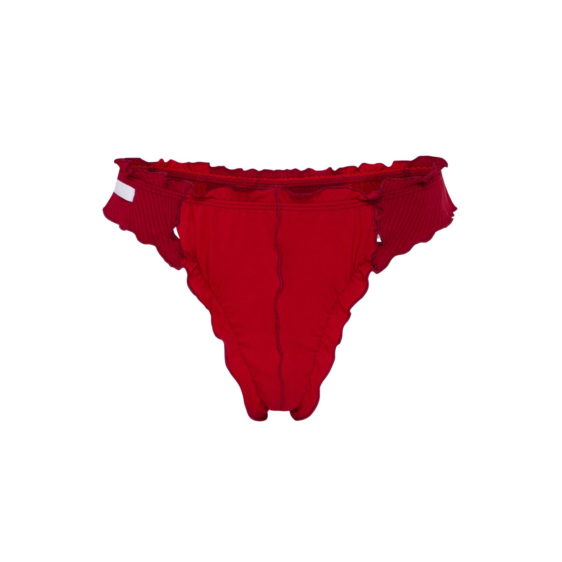 Burgundy wavy-edge thong with scalloped ruffle finish
