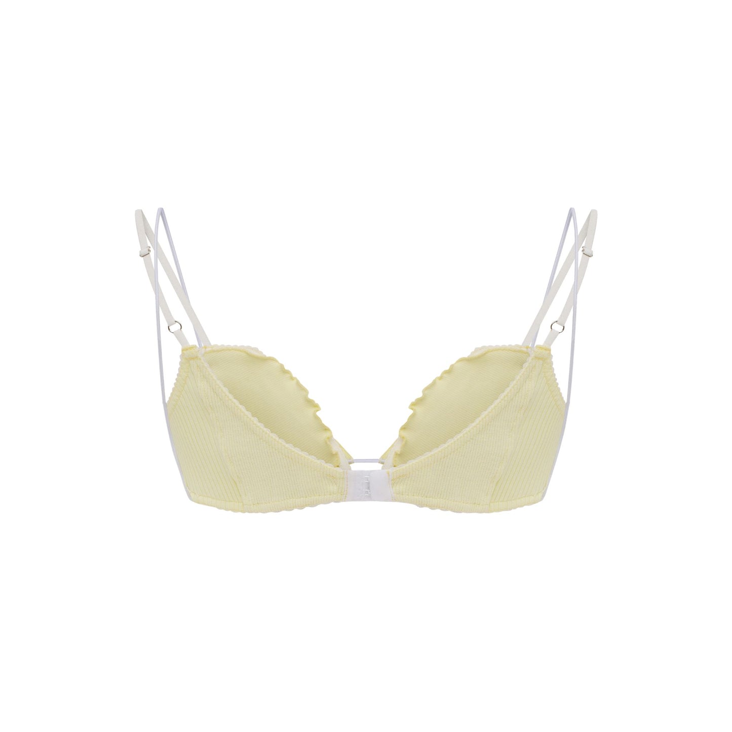 Pale yellow layered underwire bra with front hook closure and scalloped lace trim