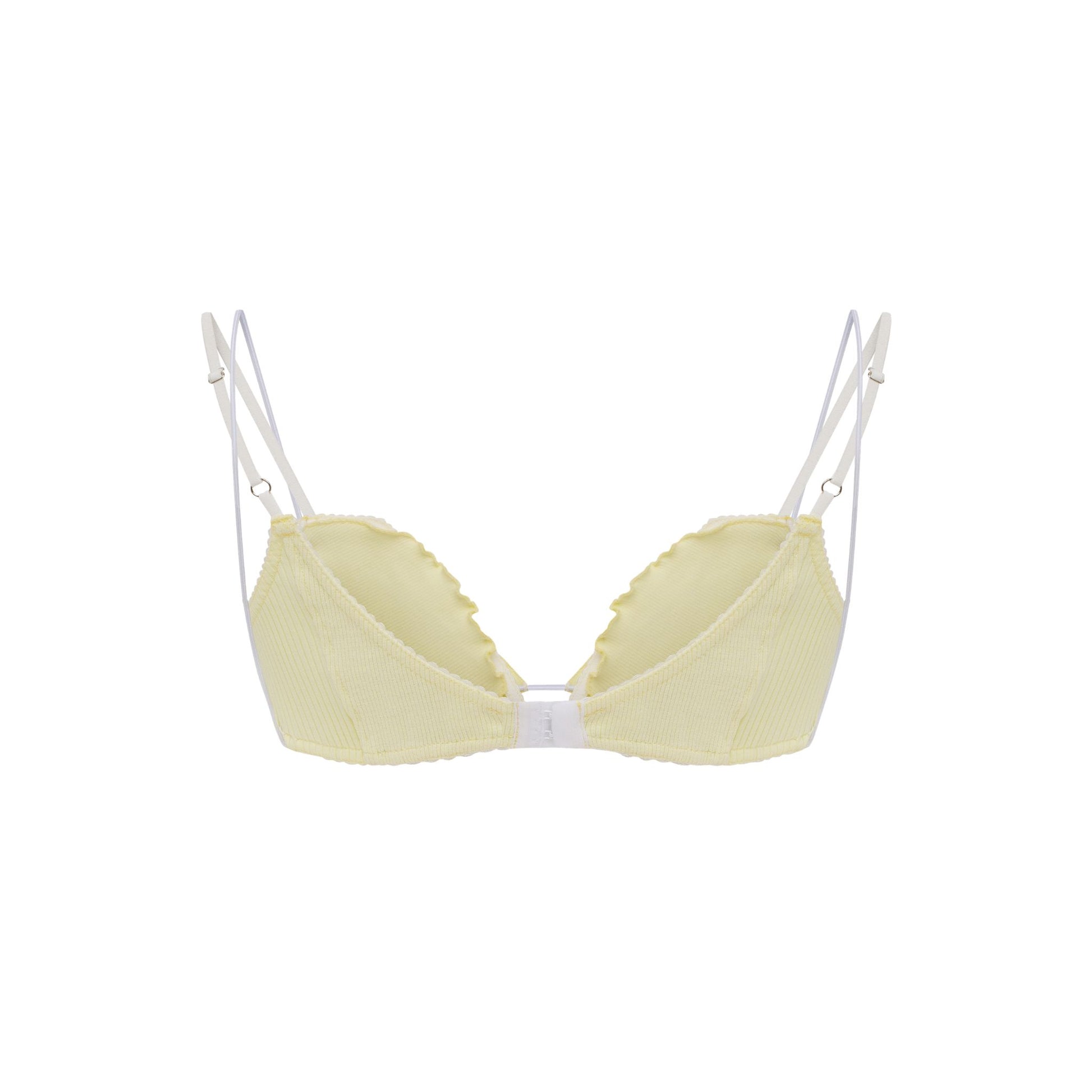 Pale yellow layered underwire bra with front hook closure and scalloped lace trim