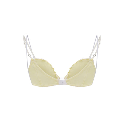 Pale yellow layered underwire bra with front hook closure and scalloped lace trim
