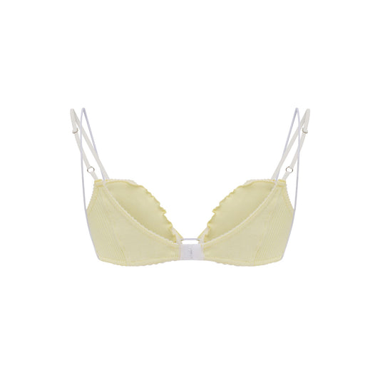 Pale yellow layered underwire bra with front hook closure and scalloped lace trim