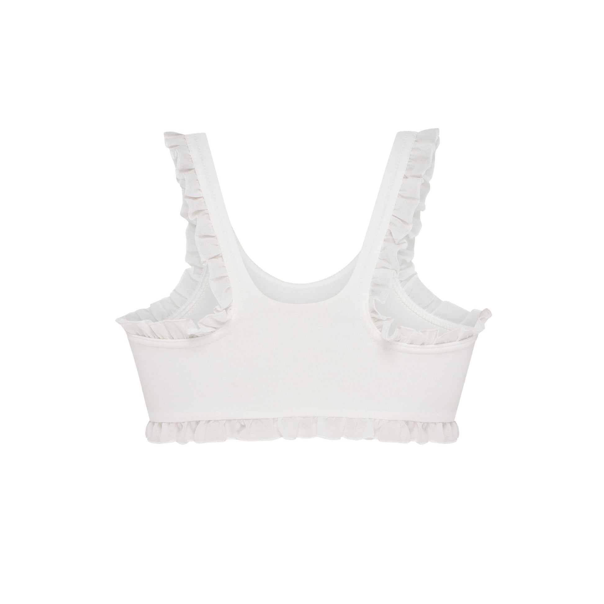 White ruffle-trim tank top back view with scoop neck and wide straps