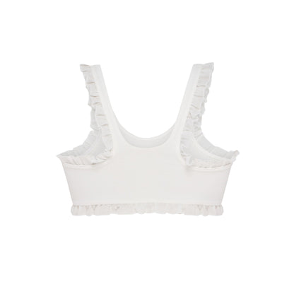 White ruffle-trim tank top back view with scoop neck and wide straps