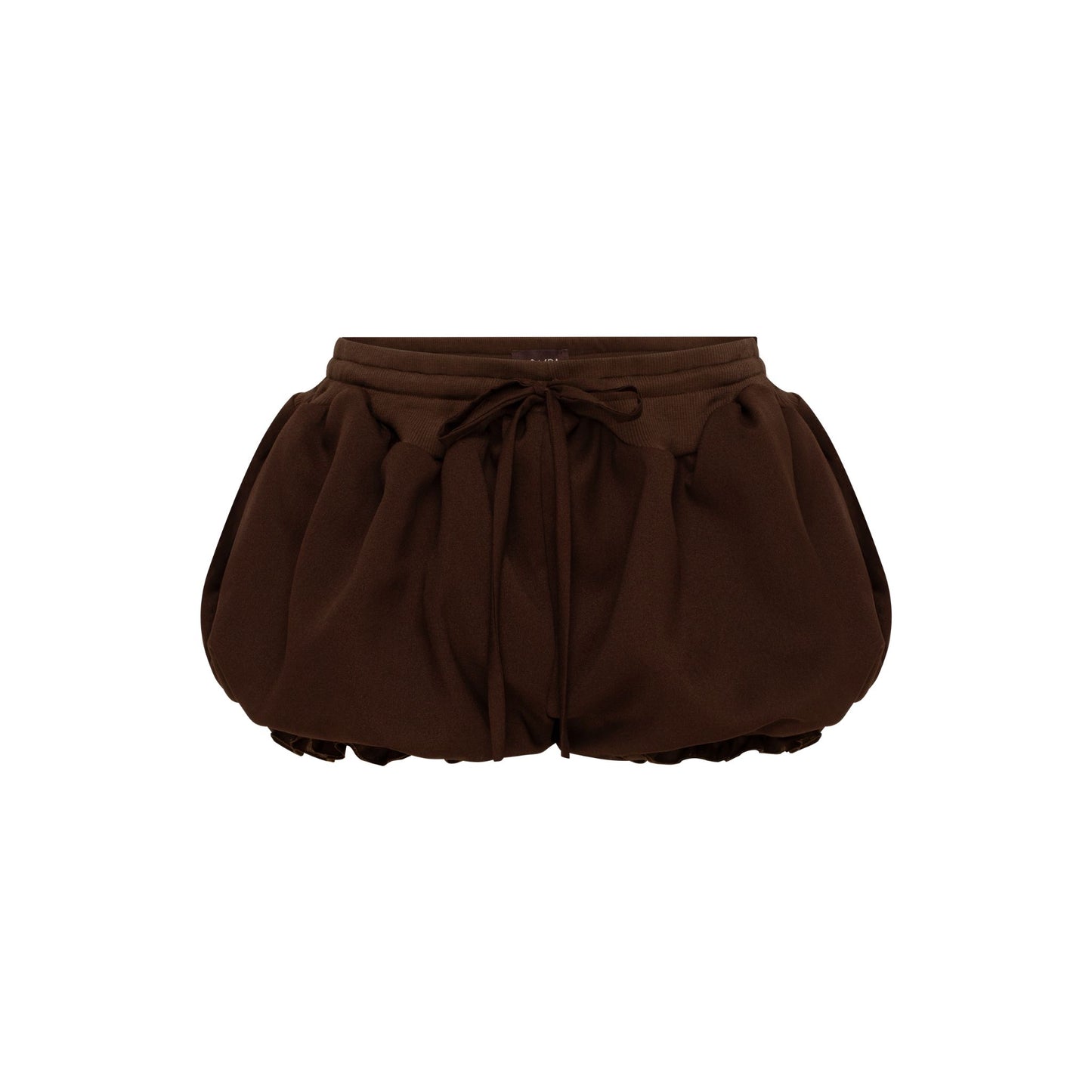 Brown micro shorts with ruffled hem and drawstring waist