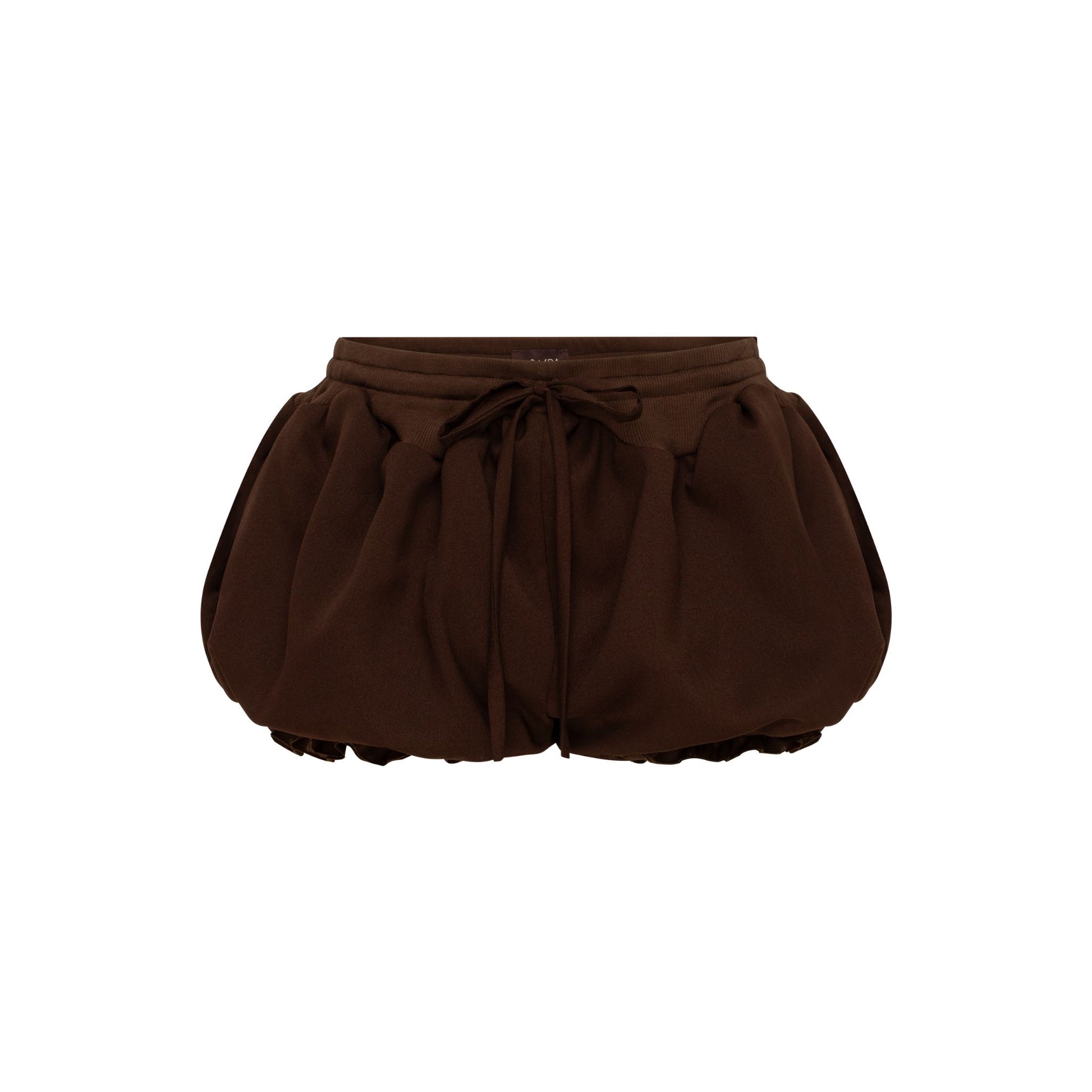 Brown micro shorts with ruffled hem and drawstring waist