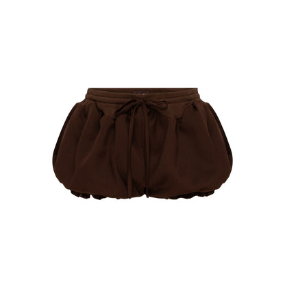 Brown micro shorts with ruffled hem and drawstring waist