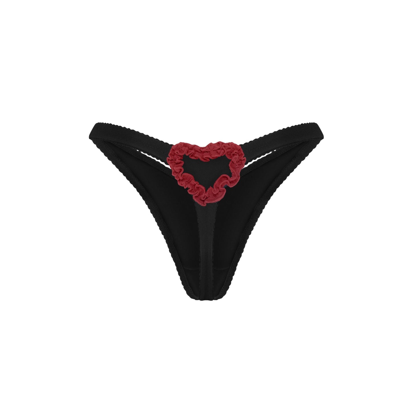 Black thong with red heart applique at center front