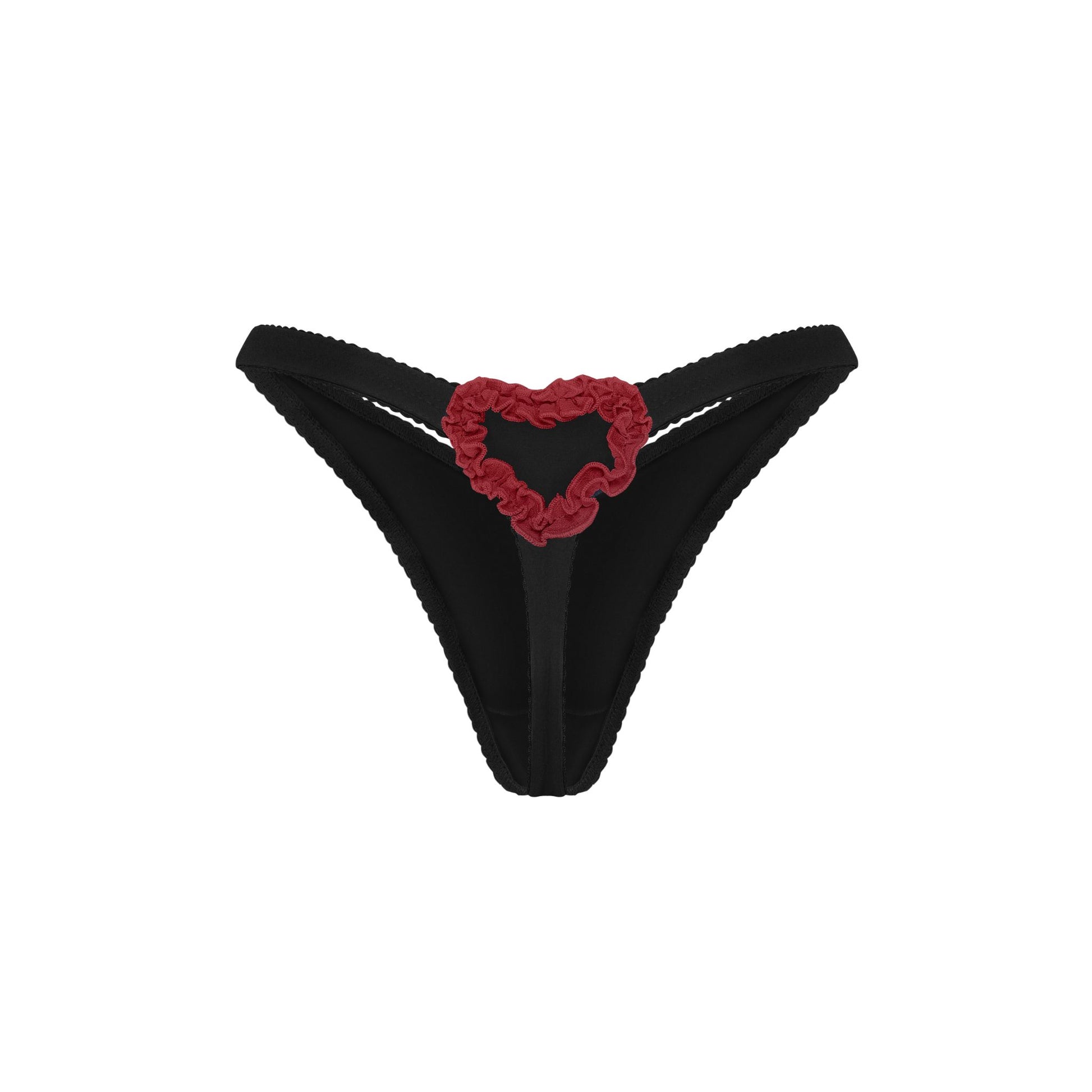Black thong with red heart applique at center front