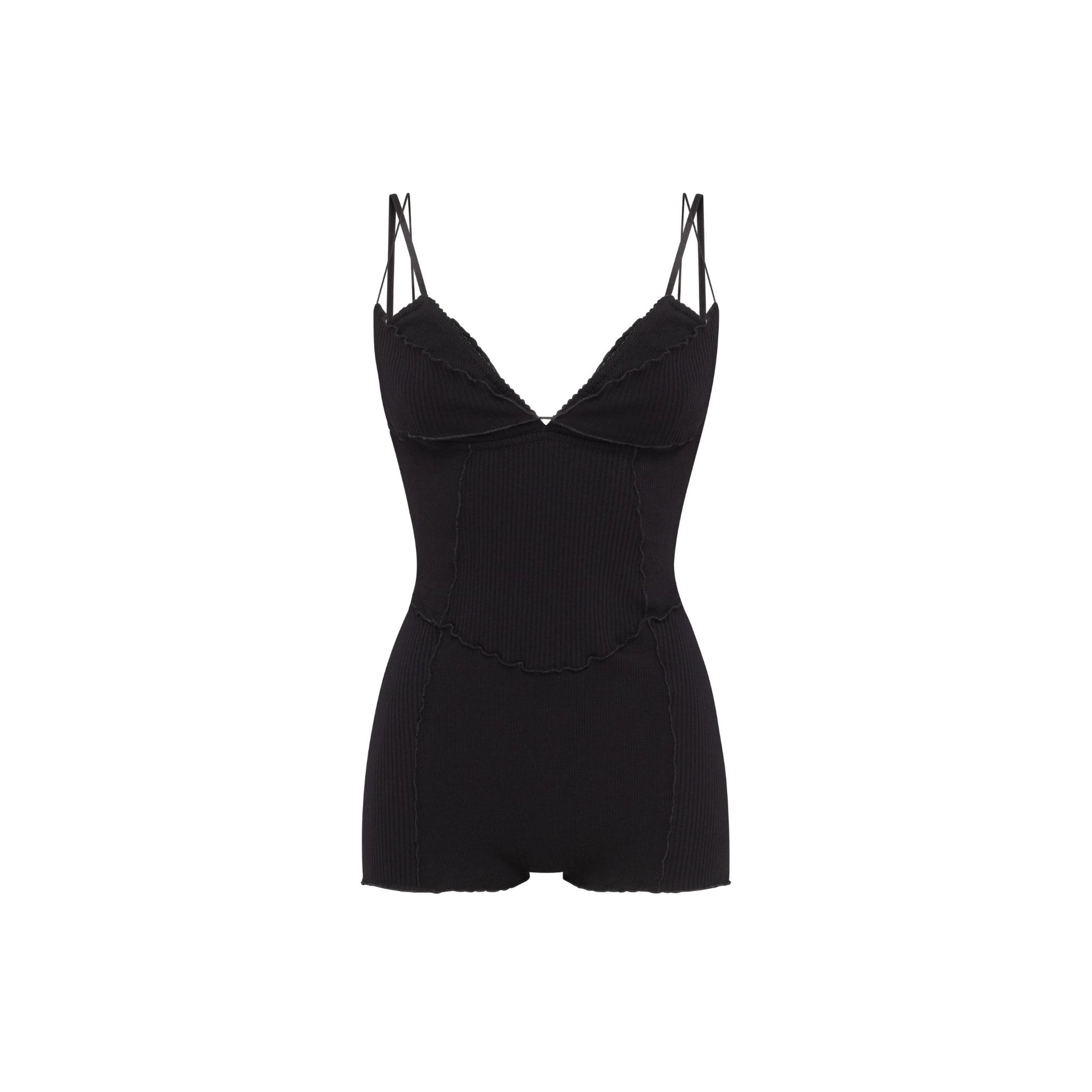 Black layered bodysuit with spaghetti straps and sweetheart neckline