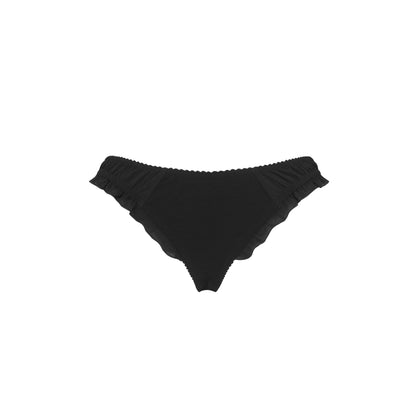 Black tanga with ruffled side trim and V-cut back
