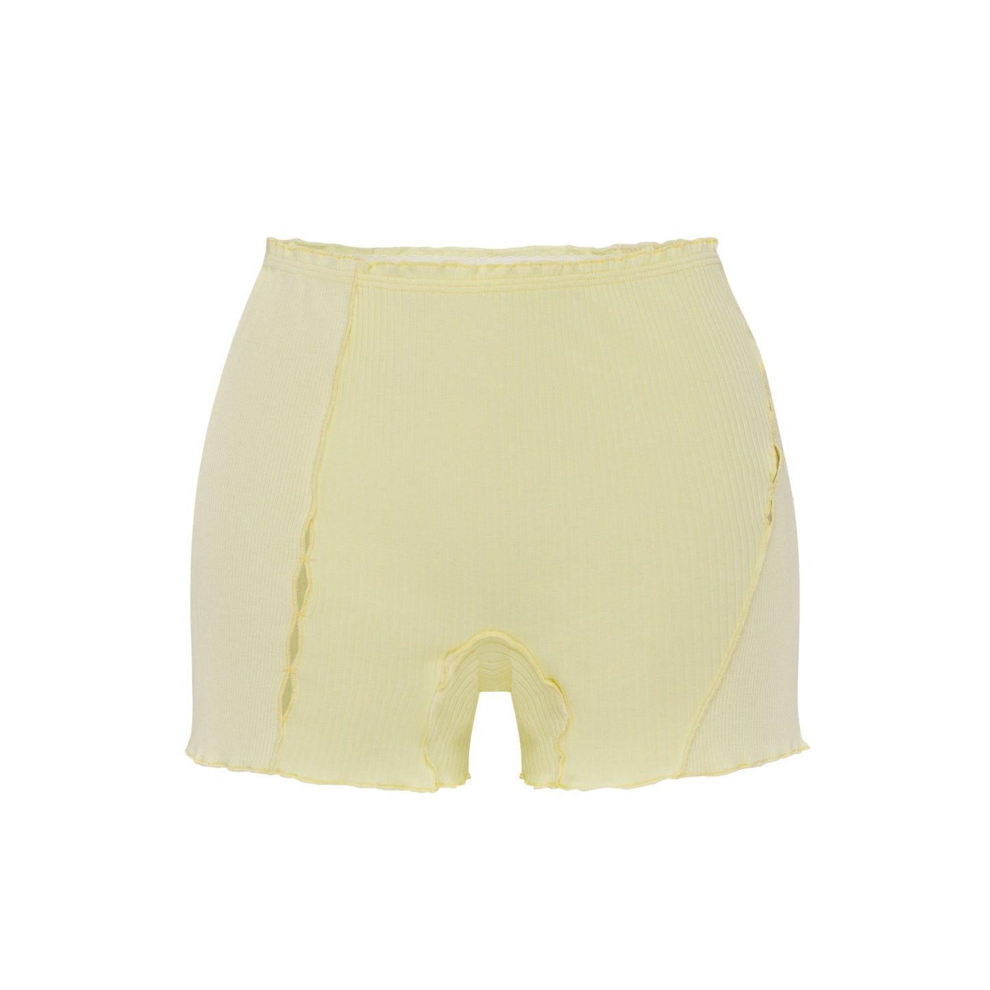 Light yellow shorts with elastic waistband and curved raw edges