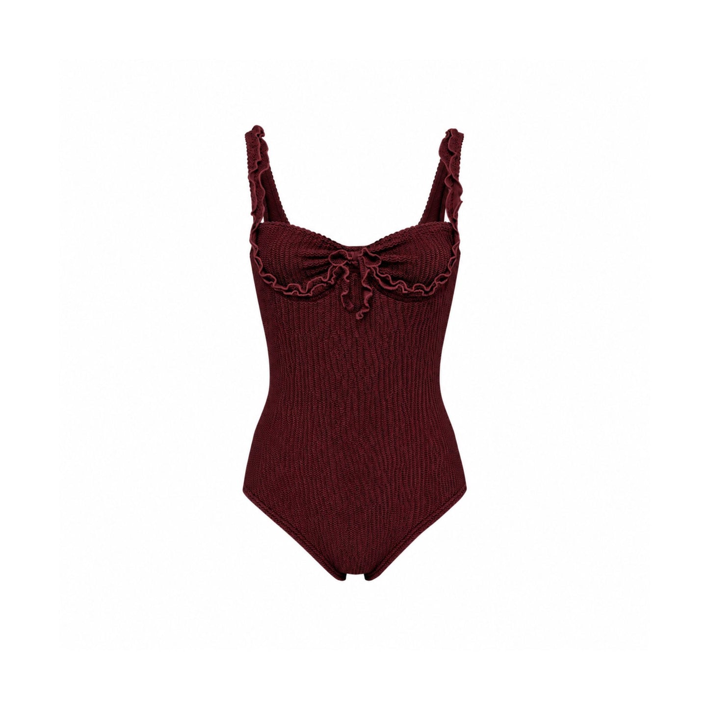 One-piece swimsuit in dark burgundy with ruffled wave trim and bow at bust