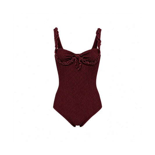 One-piece swimsuit in dark burgundy with ruffled wave trim and bow at bust