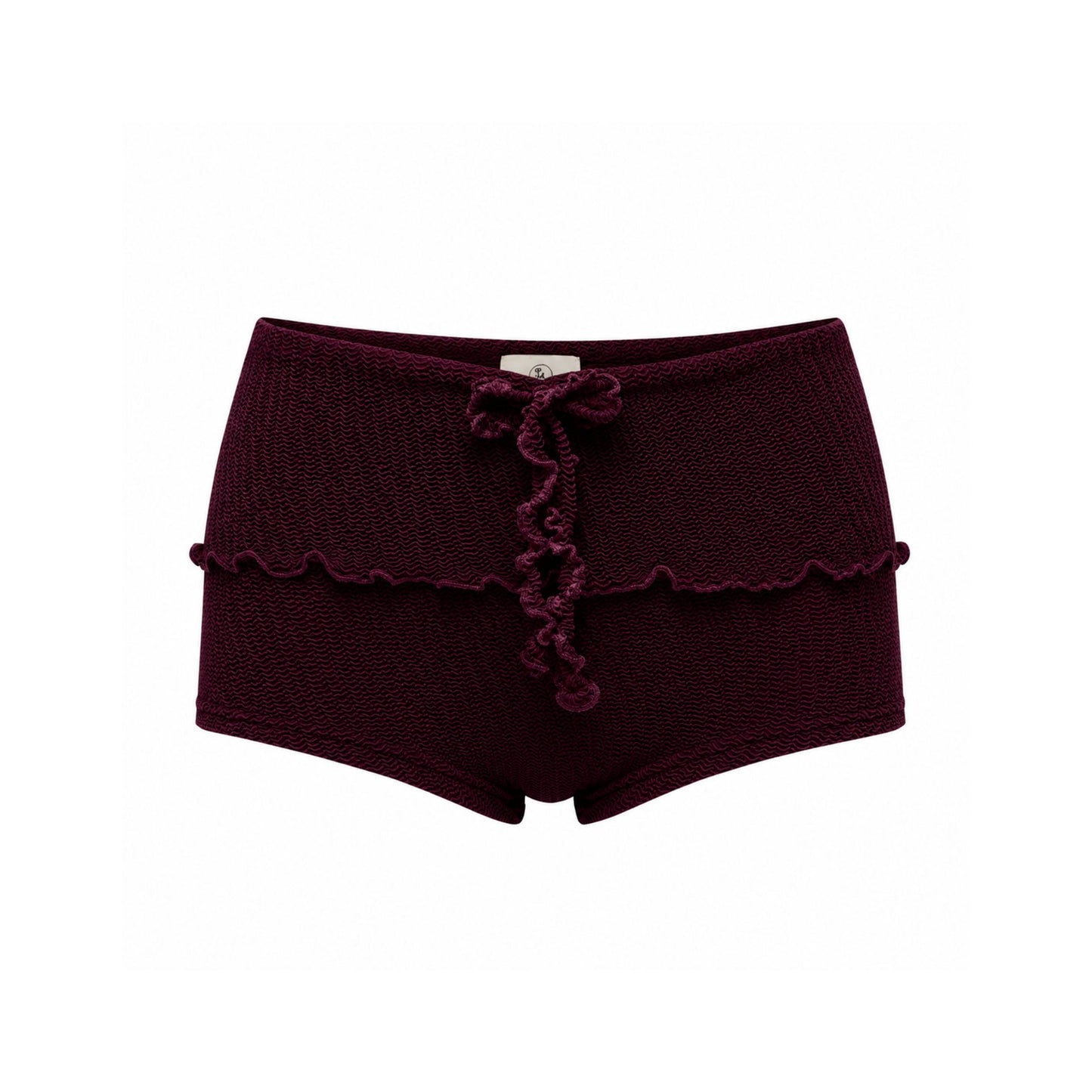 Brown swim shorts with scalloped ruffle hem and front bow tie at waistband