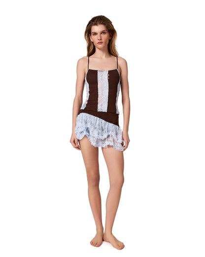 Tank Top in Brown with Blue Lace