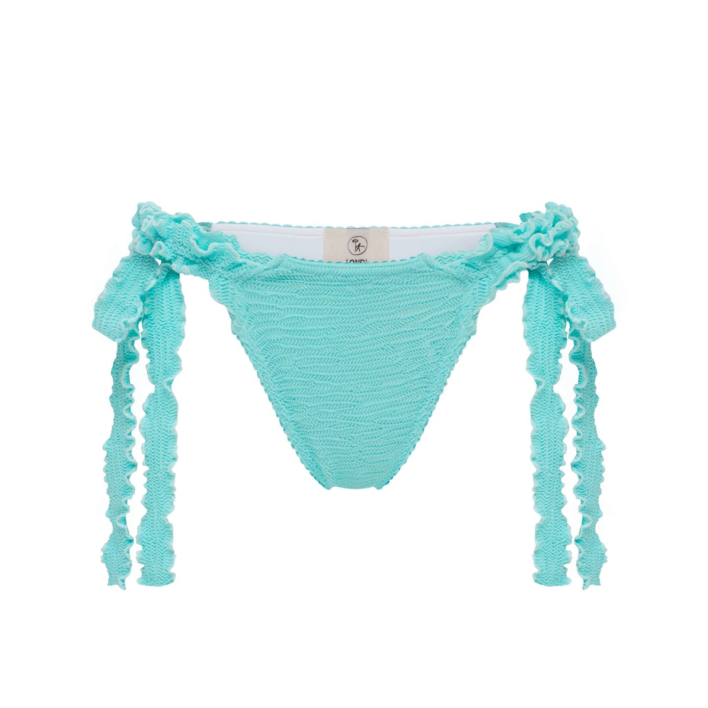 Mint tanga bikini bottoms with ruffled side ties and textured fabric