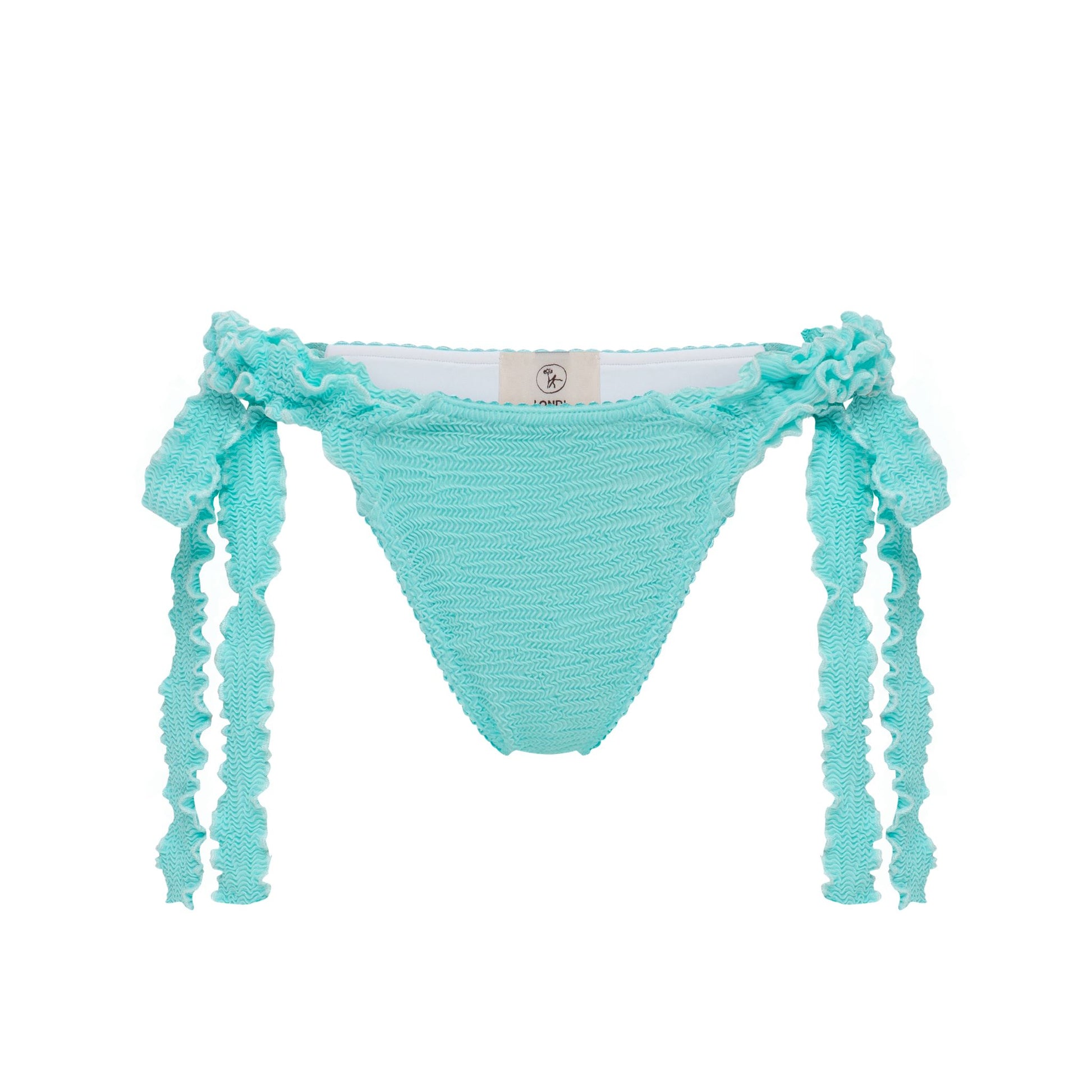 Mint tanga bikini bottoms with ruffled side ties and textured fabric