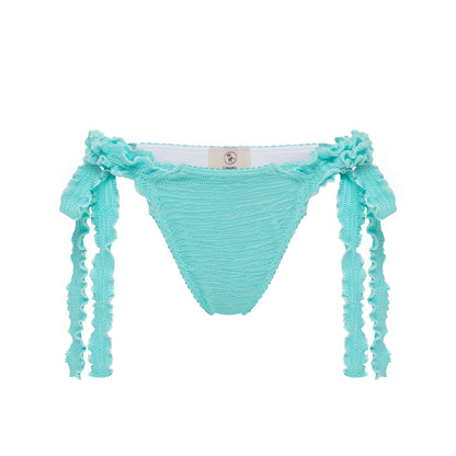 Mint tanga bikini bottoms with ruffled side ties and textured fabric