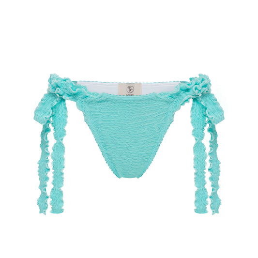 Mint tanga bikini bottoms with ruffled side ties and textured fabric
