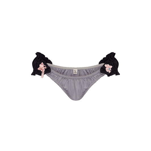 Gray tanga thong with dark side rosettes and ruffled bow details
