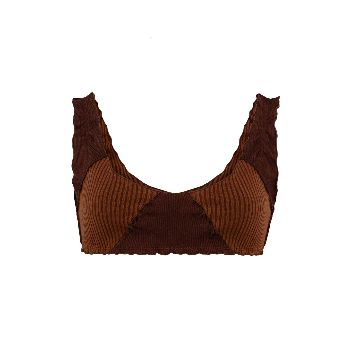 Brown ribbed bralette top with sweetheart neckline and black under-bust trim