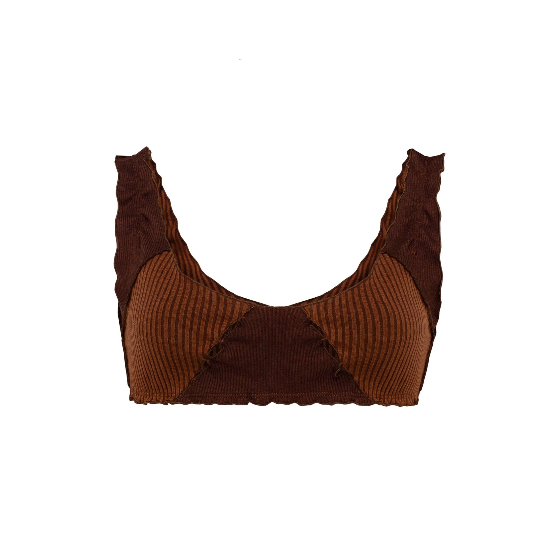 Brown ribbed bralette top with sweetheart neckline and black under-bust trim