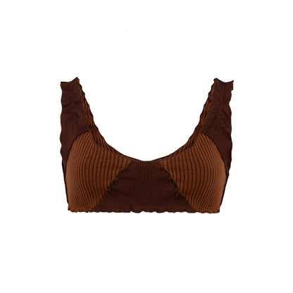 Brown ribbed bralette top with sweetheart neckline and black under-bust trim