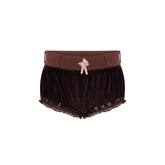 Dark velvet shorts with elastic waistband and pink rosette bow