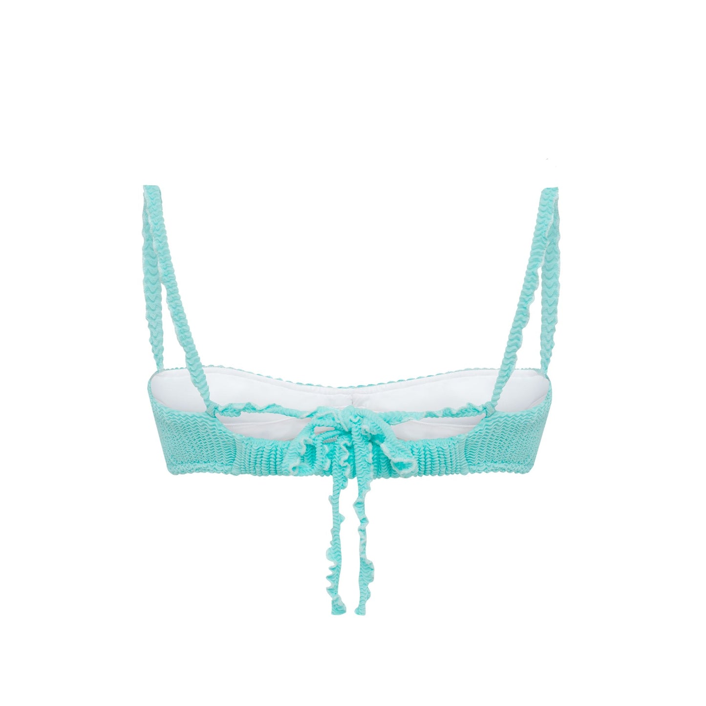 Mint bikini top with ruched wave texture and tie-front, adjustable straps
