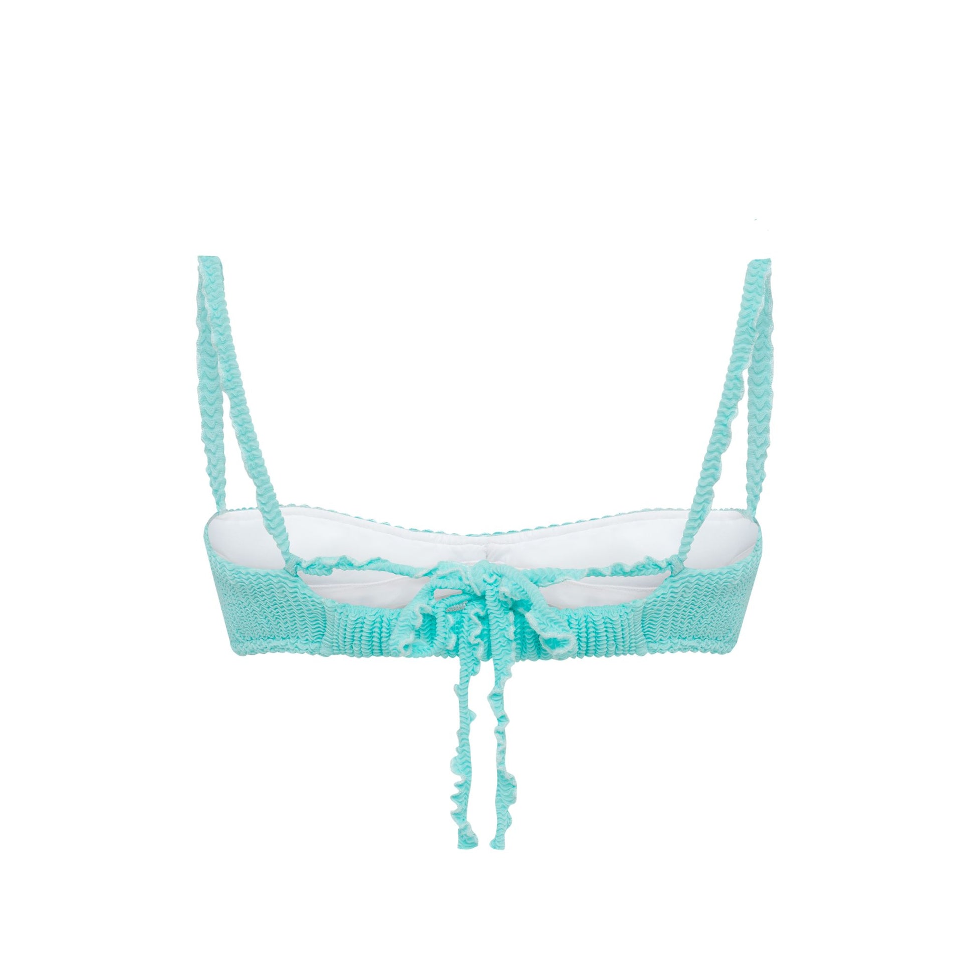 Mint bikini top with ruched wave texture and tie-front, adjustable straps
