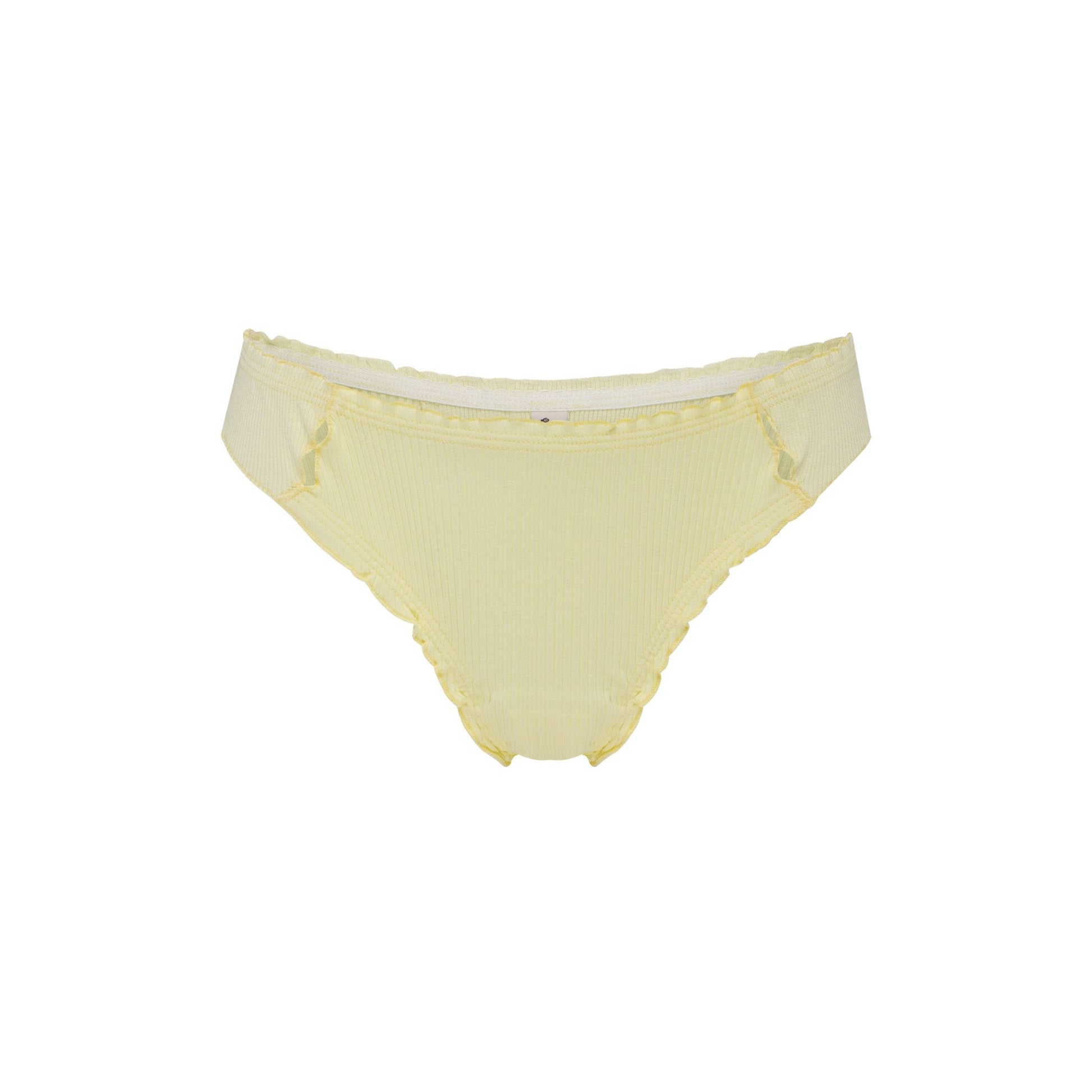 Yellow ribbed tanga underwear with scalloped edge trim