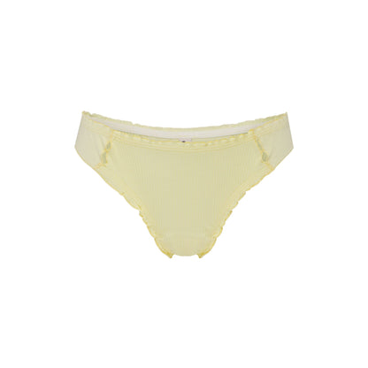Yellow ribbed tanga underwear with scalloped edge trim
