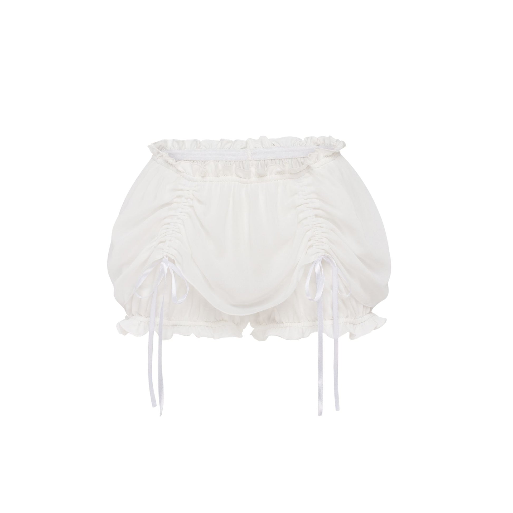 White drawstring shorts with ruffled edges and tie bows at sides.