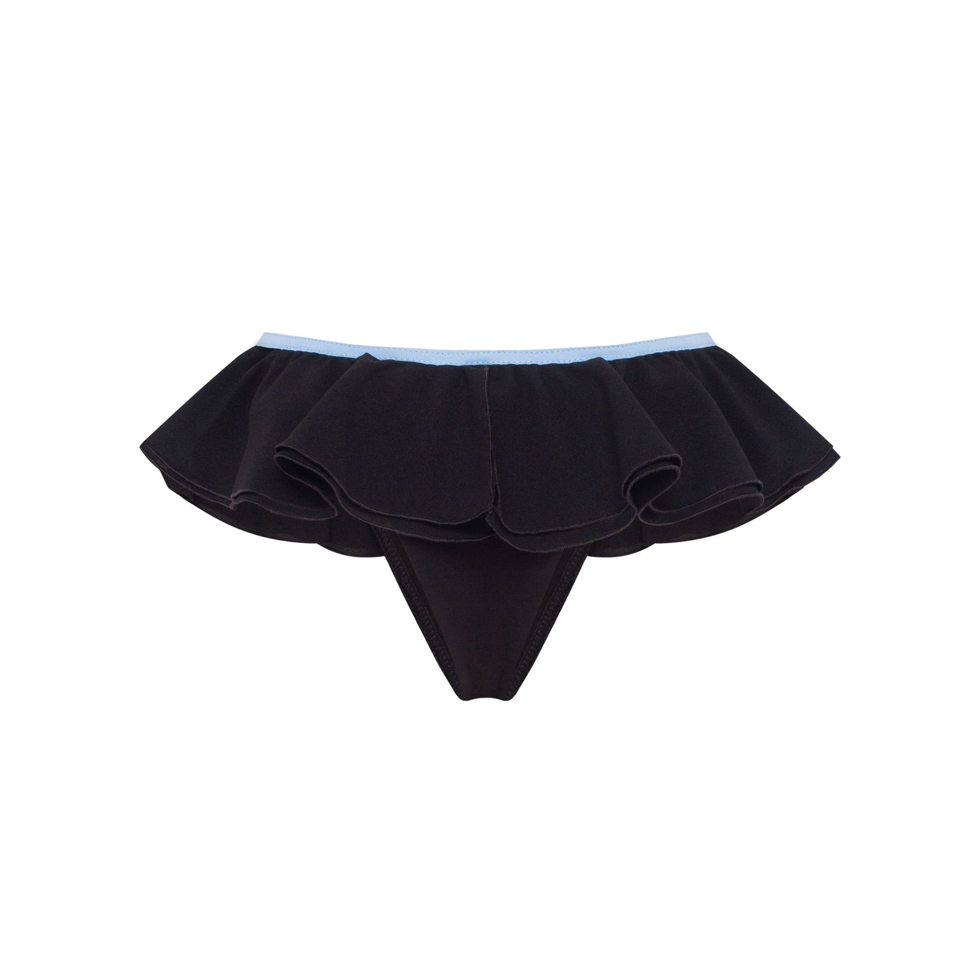 Black frill tanga with light blue waistband and pleated back ruffle