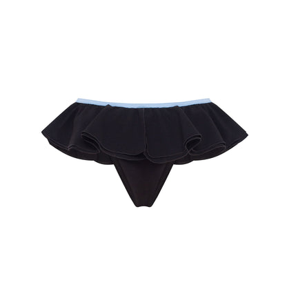 Black frill tanga with light blue waistband and pleated back ruffle