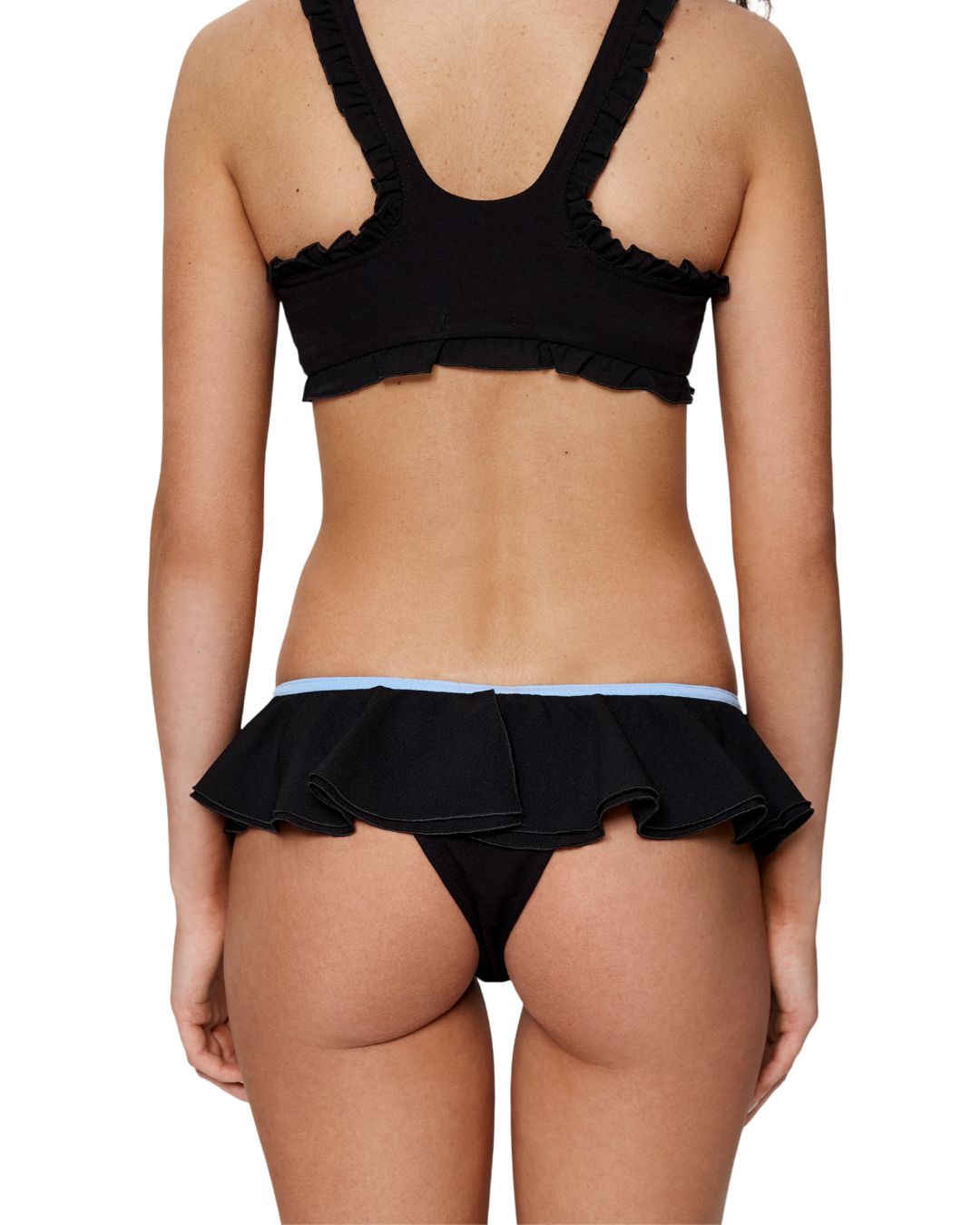 Black frill tanga with light blue trim and gathered back ruffle detail