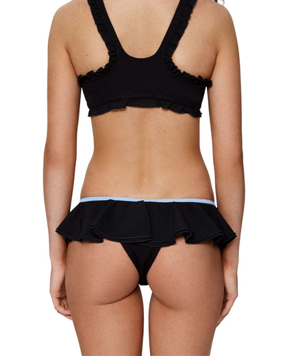 Black frill tanga with light blue trim and gathered back ruffle detail